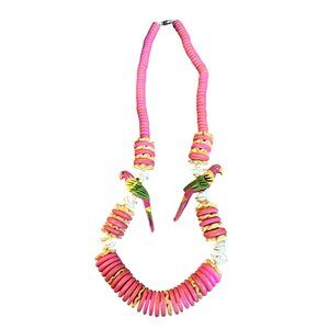 Vintage Pink and Tan Wooden Beads Parrot Necklace Approximately 28"‎